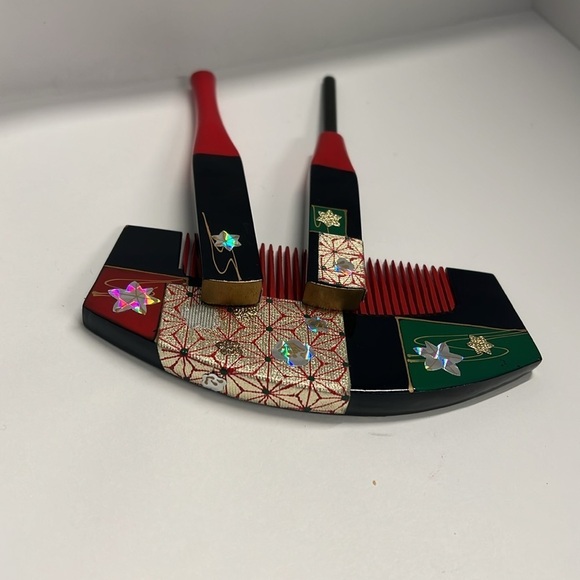 Vintage Japanese Wooden Kushi Comb & Makie Hair Ornament Set